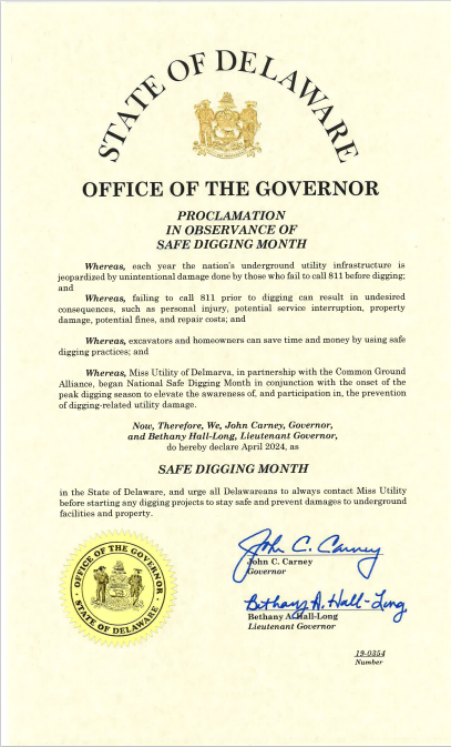 Proclamation from the Governor's Office declaring April Safe Digging Month in Delaware