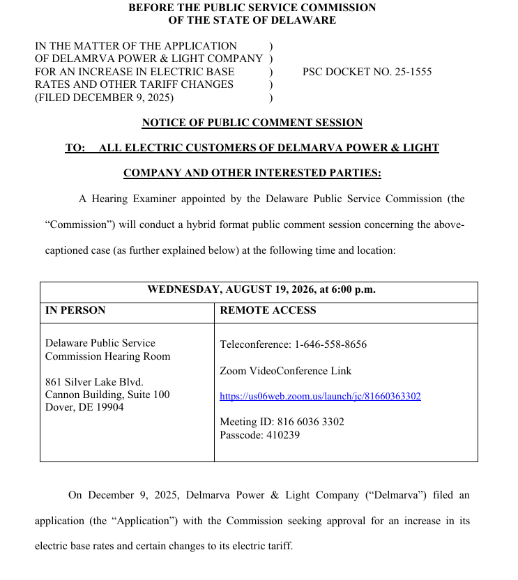 An excerpt from the Notice of Public Comment Session submitted by Delmarva Power & Light. The full document can be found on the PSC website via DelaFile. 