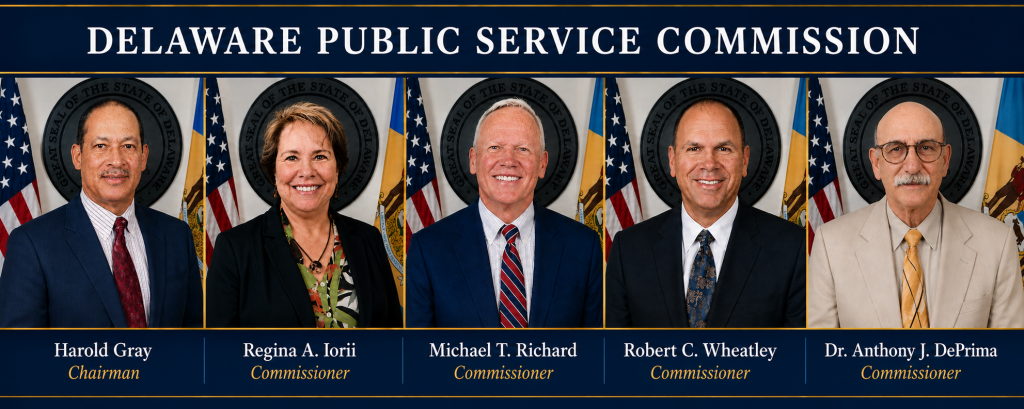 Photograph of the Delaware Public Service Commissioners from left to right - Harold Gray, Regina Iorii, Michael Richard, Robert Wheatley, and Dr. Anthony DePrima